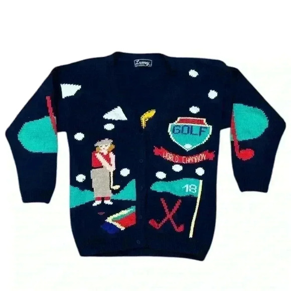 Lumy Hand Knitted Vintage Golf Theme Cardigan Sweater Size Large - Picture 1 of 7